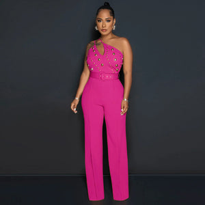 Solid Color Jumpsuit Slim Fit One Shoulder Wide Leg Pants Women