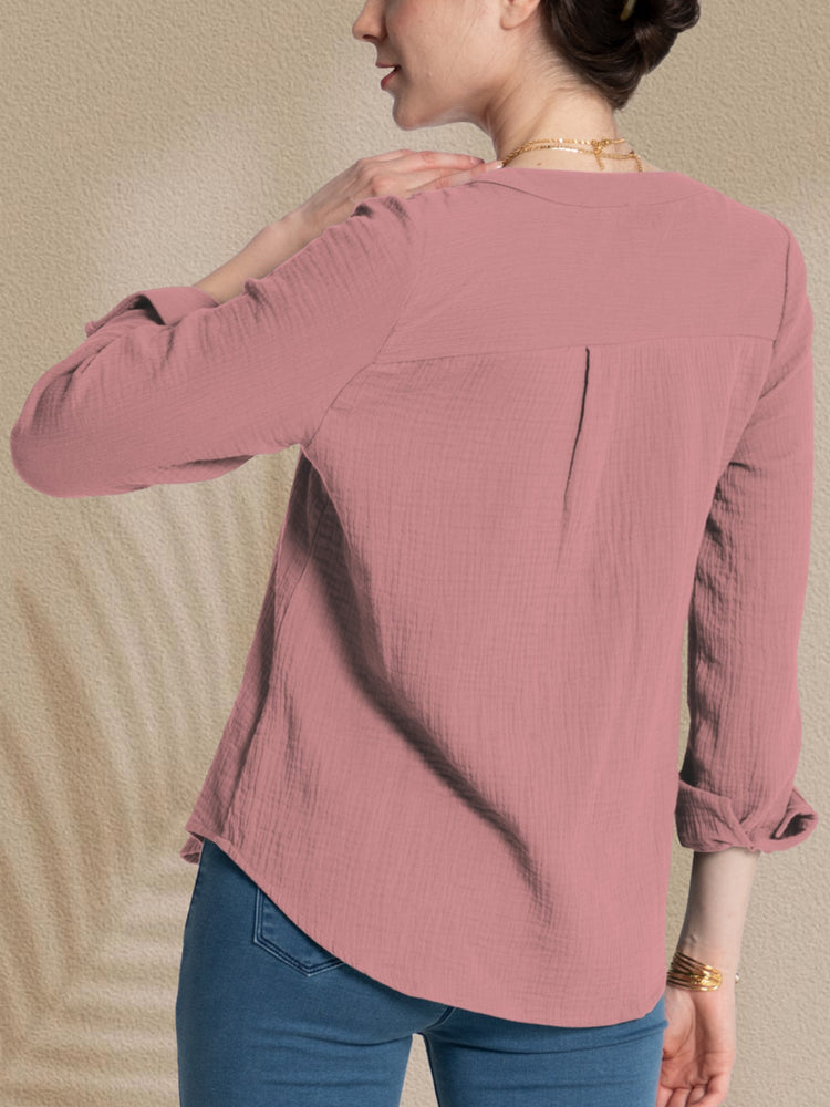 FAM-FAM Textured Notched Long Sleeve Blouse