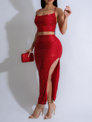 Women Clothing Sequin Dress Set Sexy Slit Dress Camisole Nightclub Party