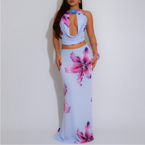 Women Clothing Supply Sexy Swing Collar Backless Halter Slim Printed Skirt Two Piece Sets