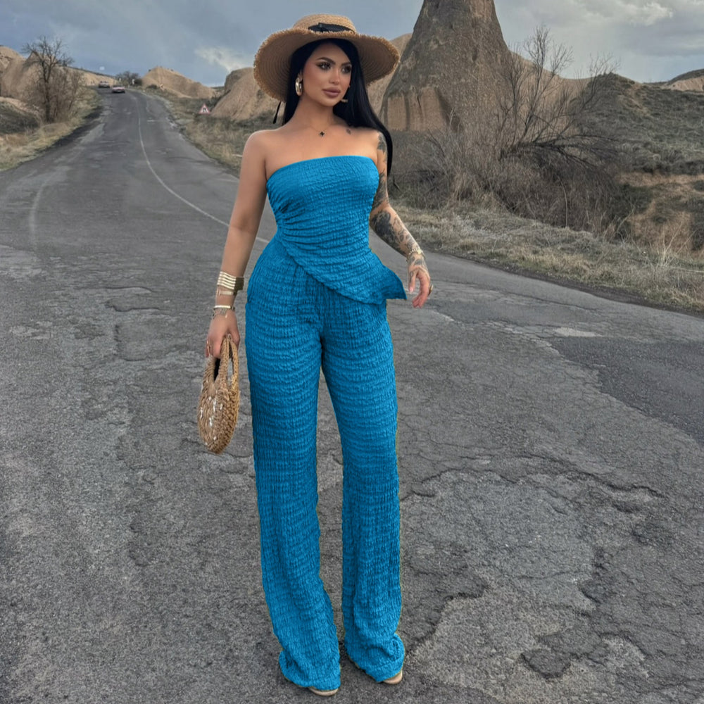 Sexy off the Shoulder Tube Top Beveled Top Slim Trousers Two Piece Sets