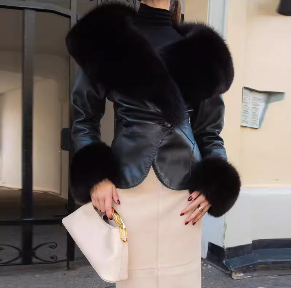 Women Clothing Autumn Winter Big Fur Collar Waist Controlled Short Jacket Leather Coat