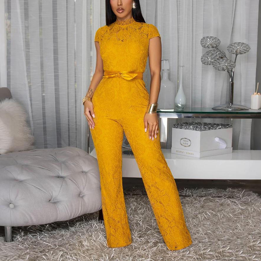 Round Neck Short Sleeve Lace Jumpsuit Wide Leg Pants Women Solid Color Trousers