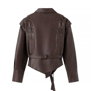 Classy women in winter, Maillard dresses with a waist up lapel, street trendy PU leather jacket