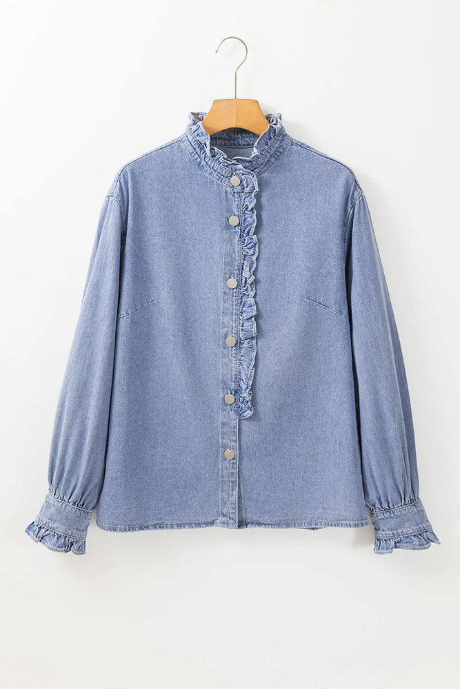 Frill Button Up Long Sleeve Denim Top