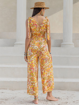 Printed V-Neck Tie Shoulder Jumpsuit