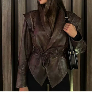 Classy women in winter, Maillard dresses with a waist up lapel, street trendy PU leather jacket