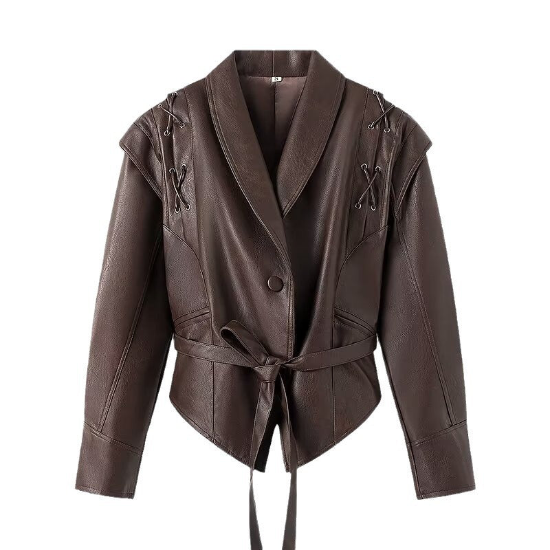 Classy women in winter, Maillard dresses with a waist up lapel, street trendy PU leather jacket