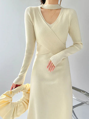 Fashion Designer Knitting Bandage Kink Solid Long Sleeve Dresses For Women Causal A-line  Spring New Clothing