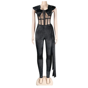 Beyprern New Fashion Mesh Patchwork Corset Top Velvet Bandage Rompers Casual See-Through Long Straps Skinny Jumpsuits Clubwears