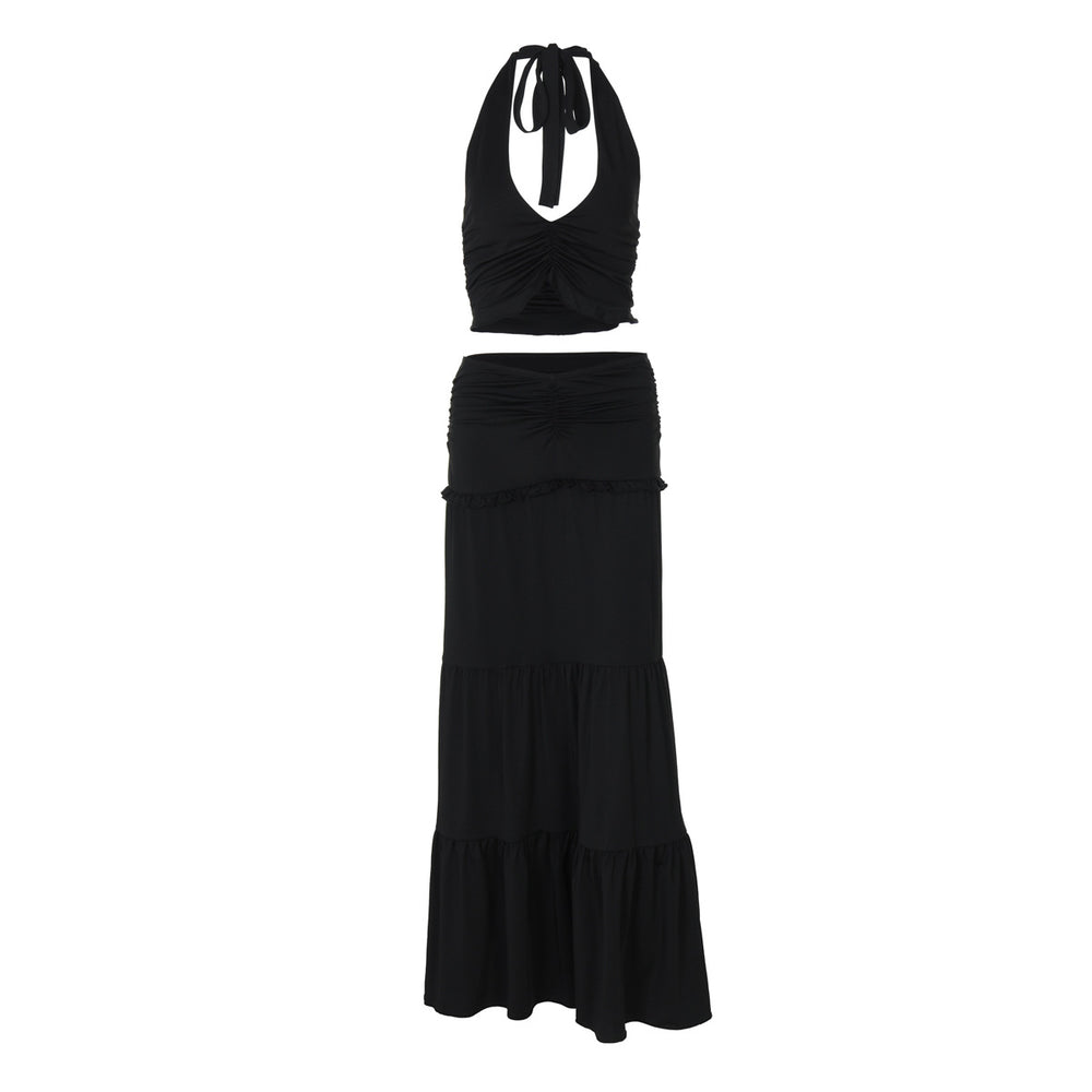 Women Clothing Summer Lace Halterneck Vest Pleated Skirt Two Piece Set for Women