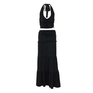 Women Clothing Summer Lace Halterneck Vest Pleated Skirt Two Piece Set for Women