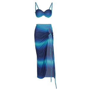 Sexy Beach Vacation Swimsuit Woven Halter Top Top Split Skirt Set