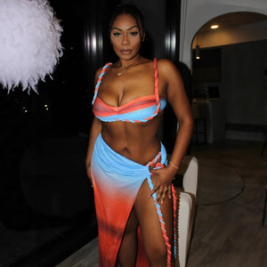 Sexy Beach Vacation Swimsuit Woven Halter Top Top Split Skirt Set