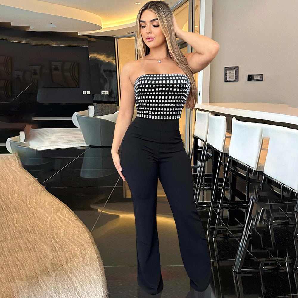 Tube Top Sexy Jumpsuit Rhinestone Slim Fit Trousers for Women