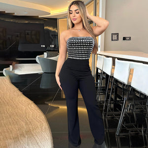 Tube Top Sexy Jumpsuit Rhinestone Slim Fit Trousers for Women