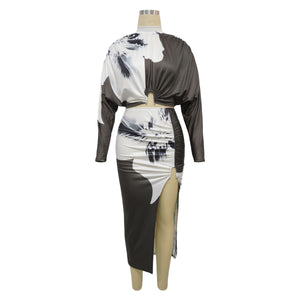 Women Clothing Printed Sexy Printed Long Sleeve Skirt Two Piece Set