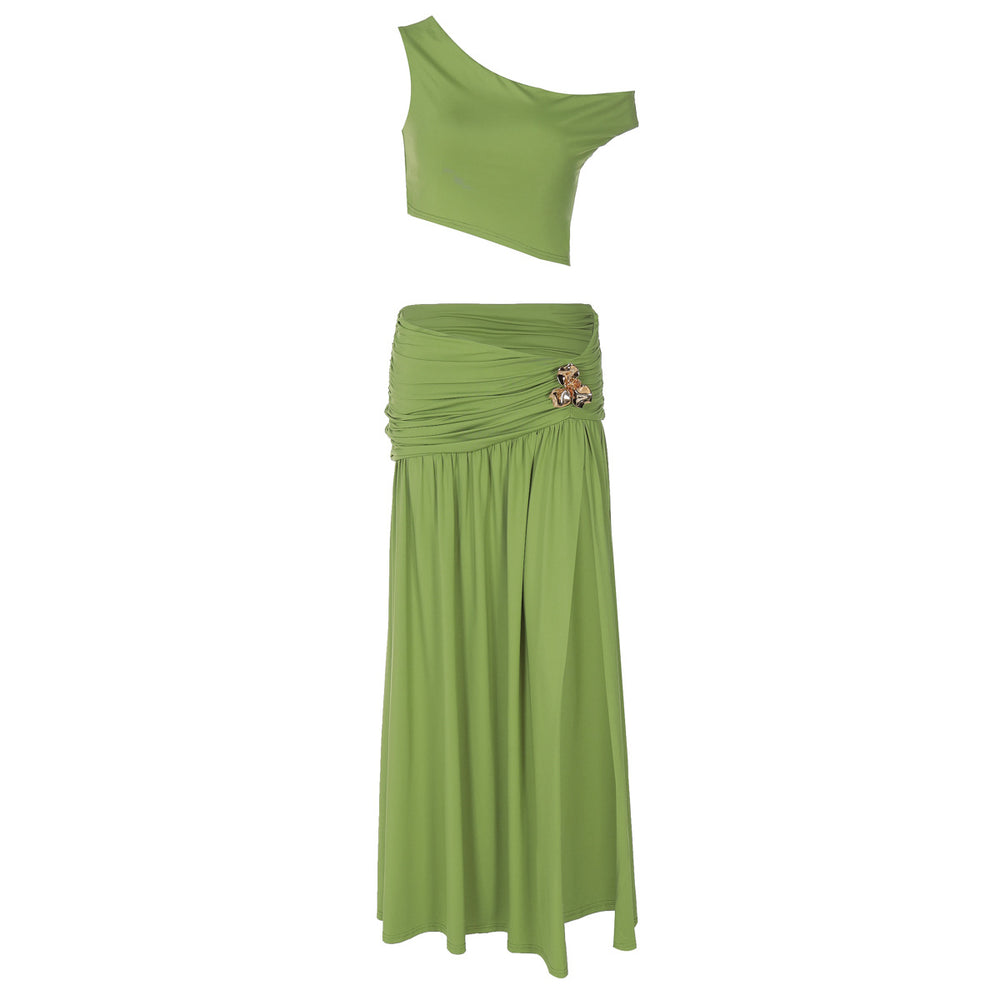 Women Clothing Summer Sexy Cropped Diagonal Collar Top Slim Fit Slit Skirt Set