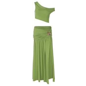 Women Clothing Summer Sexy Cropped Diagonal Collar Top Slim Fit Slit Skirt Set