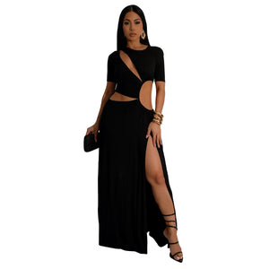 Women Clothing Sexy Waist Hollow Out Cutout out Irregular Asymmetric Maxi Dress Solid Color Split Dress