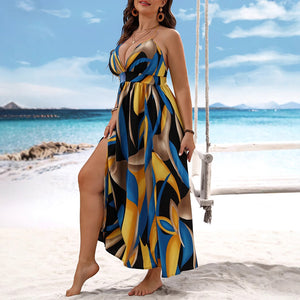 Plus Size Seaside Beach Vest Dress Print Slit Hemline Hem Sexy Dress Women