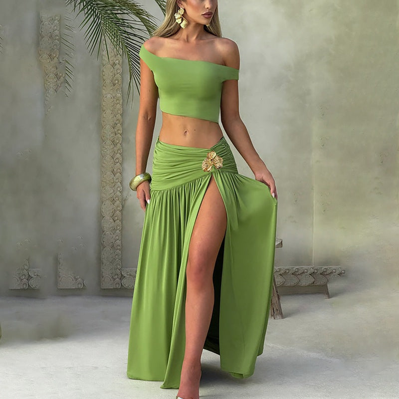 Women Clothing Summer Sexy Cropped Diagonal Collar Top Slim Fit Slit Skirt Set