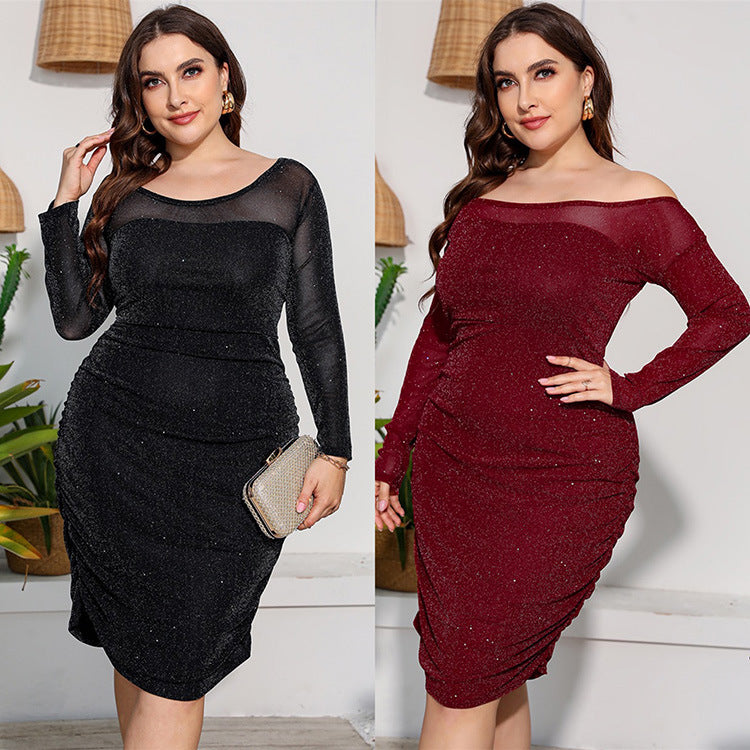 Women Dress off-Shoulder Long Sleeve Slim Package Hip Pleated Hollow Out Cutout out Diamond in the Debris Sexy