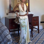 Women Sexy Backless Halter Top Slim Printed Dress Two Piece Sets