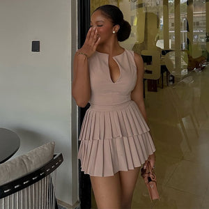 Fresh Sweet V neck High Waist Slimming Pleated A line Dress Short Dress