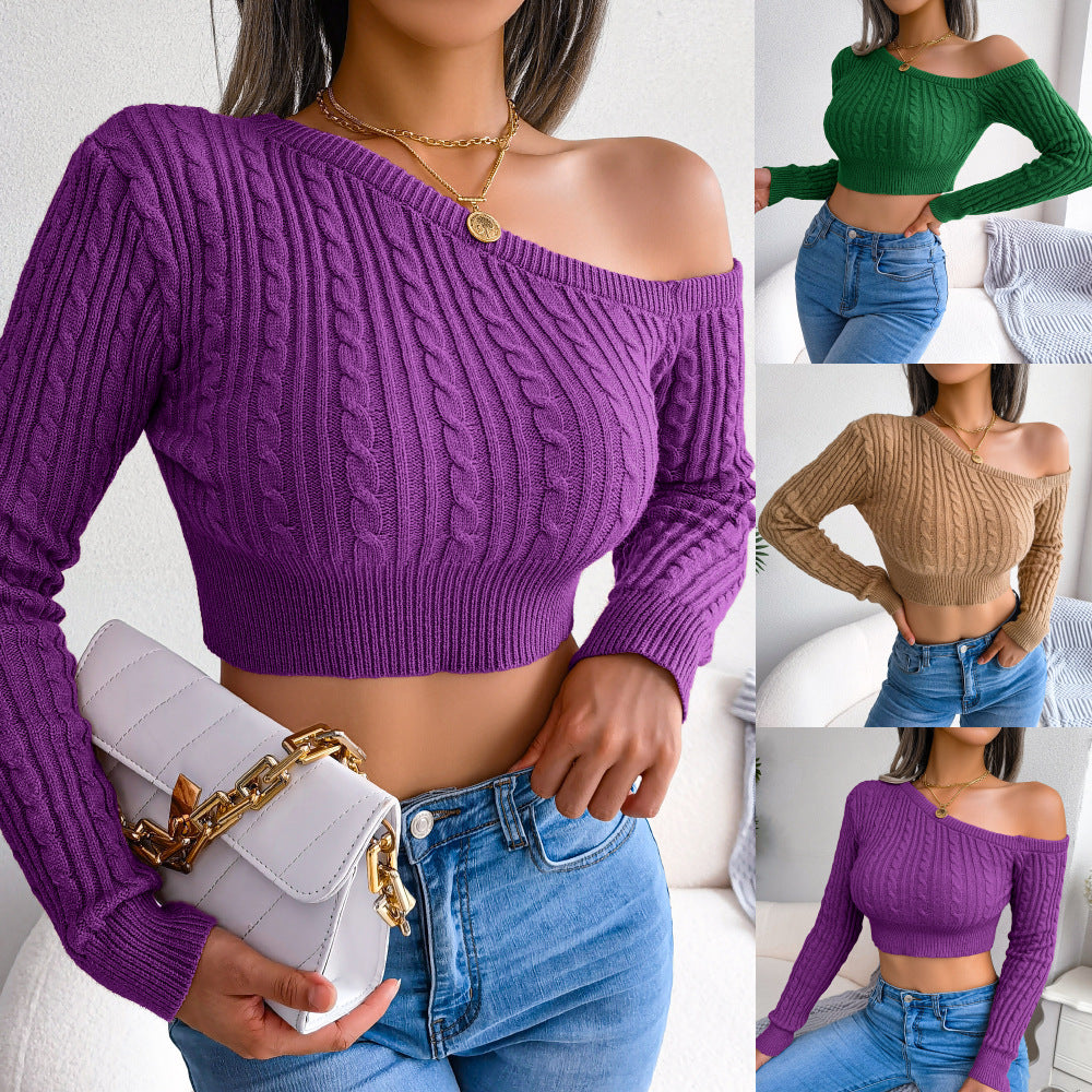 Autumn Winter Twist off-Shoulder Long Sleeve Short Knitted Sweater Women