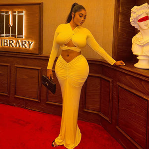 Hip Wrapped Elegant Pleated Personality Skirt Set Hollow Out Cutout-out Cropped Solid Color V neck Two Piece Sets Women Clothing