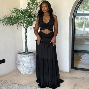 Women Clothing Summer Lace Halterneck Vest Pleated Skirt Two Piece Set for Women