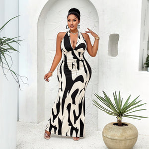 Plus Size Women Spring Summer Sexy Halter Cows Pattern Dress V neck Backless Dress