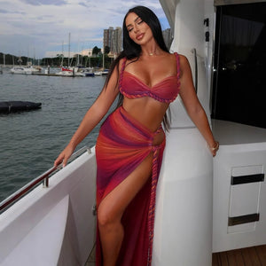Sexy Beach Vacation Swimsuit Woven Halter Top Top Split Skirt Set