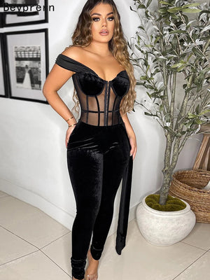 Beyprern New Fashion Mesh Patchwork Corset Top Velvet Bandage Rompers Casual See-Through Long Straps Skinny Jumpsuits Clubwears