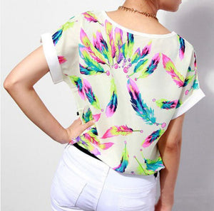 Women Feathers Chiffon Blouse Top Casual Short Sleeve Loose Shirt freeshipping - Sassy Nilah Boutique