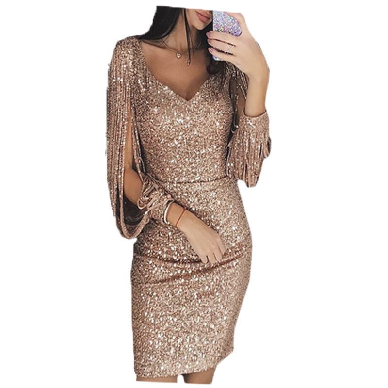 Women Knee Length Party Dress Gold Tassel Dresses Female Bodycon Long sleeve Bright Silk Shiny Dress Vestidos freeshipping - Sassy Nilah Boutique