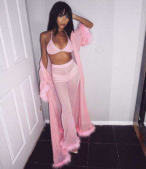 Summer Women See Through Mesh High Waist Pants and Long Sleeve Crop Top Sets Party Clubwear Sexy Faux Fur Outfit Two Piece Sets freeshipping - Sassy Nilah Boutique