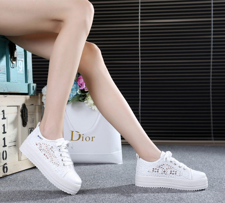 Summer Women Shoes Casual Cutouts Lace Canvas Shoes Hollow Floral Breathable Platform Flat Shoe White Black