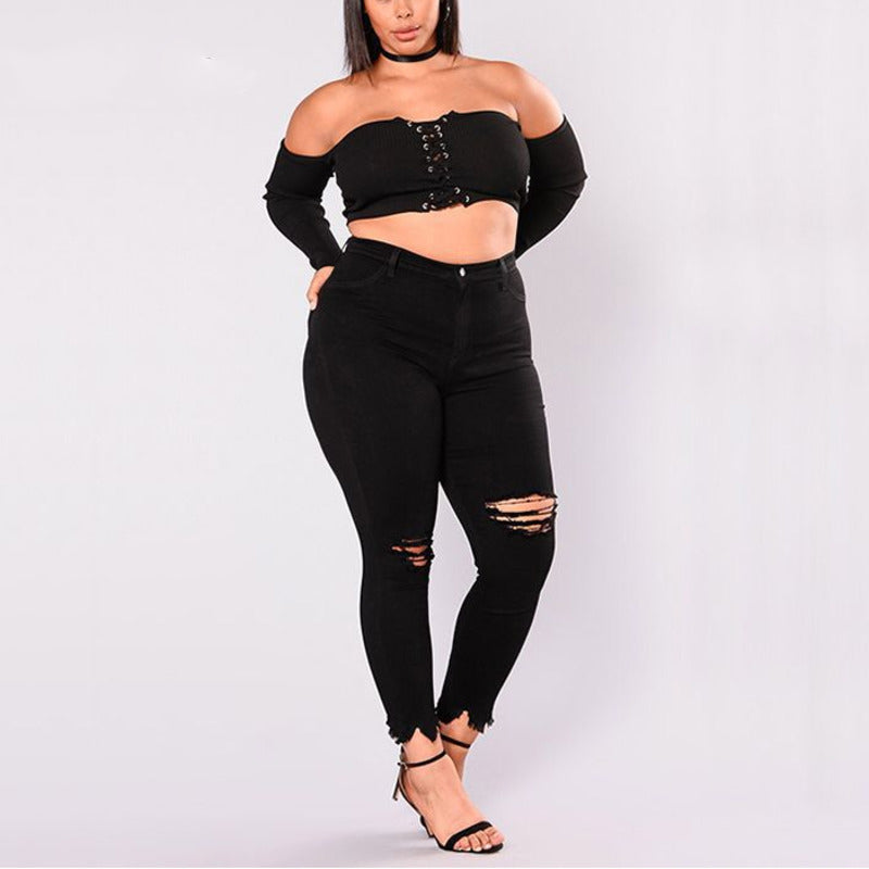 Women Holes Plus Size Jeans Pants Skinny Elastic Pencil Pants Mid Waist Black Jeans Woman Casual Spring 2-7XL Trousers freeshipping - Sassy Nilah Boutique