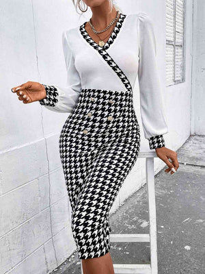 Houndstooth Long Sleeve Slit Dress