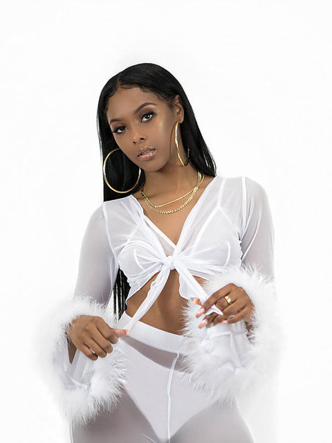 Summer Women See Through Mesh High Waist Pants and Long Sleeve Crop Top Sets Party Clubwear Sexy Faux Fur Outfit Two Piece Sets freeshipping - Sassy Nilah Boutique