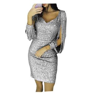 Women Knee Length Party Dress Gold Tassel Dresses Female Bodycon Long sleeve Bright Silk Shiny Dress Vestidos freeshipping - Sassy Nilah Boutique