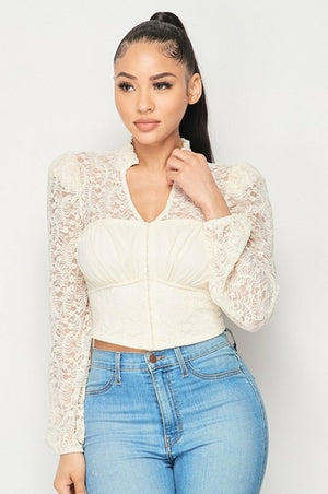 Lace V-Neck Power Shoulder Cropped Top freeshipping - Sassy Nilah Boutique