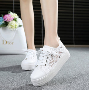 Summer Women Shoes Casual Cutouts Lace Canvas Shoes Hollow Floral Breathable Platform Flat Shoe White Black