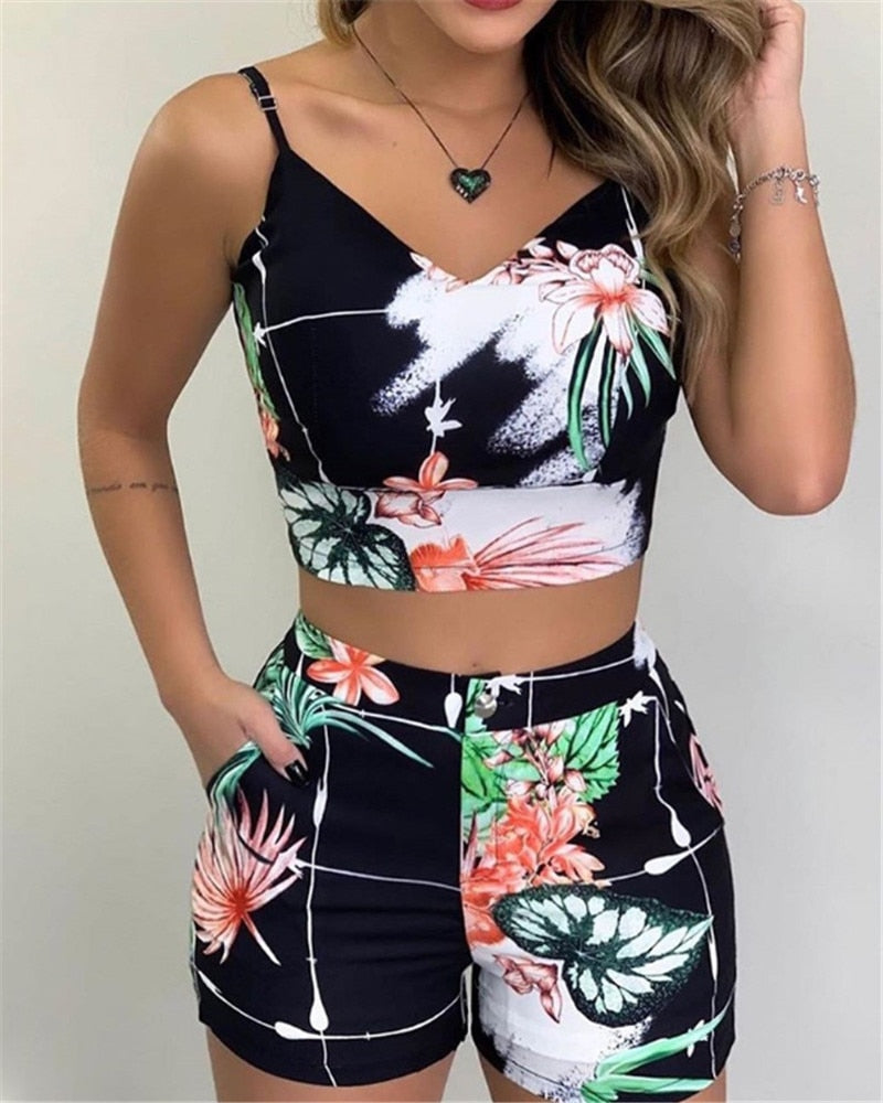 Summer Women Fashion 2-piece Outfit Set Sleeveless Print Top and Shorts Set for Ladies Women Party wear freeshipping - Sassy Nilah Boutique