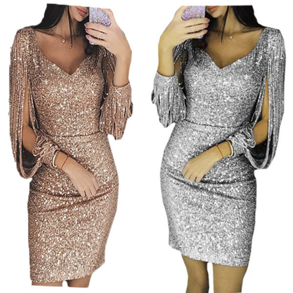 Women Knee Length Party Dress Gold Tassel Dresses Female Bodycon Long sleeve Bright Silk Shiny Dress Vestidos freeshipping - Sassy Nilah Boutique