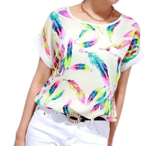 Women Feathers Chiffon Blouse Top Casual Short Sleeve Loose Shirt freeshipping - Sassy Nilah Boutique