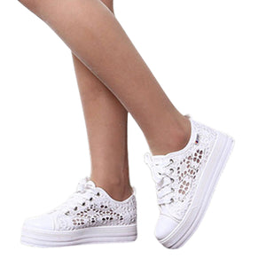 Summer Women Shoes Casual Cutouts Lace Canvas Shoes Hollow Floral Breathable Platform Flat Shoe White Black