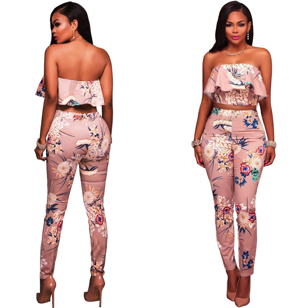 Summer Women Clothes Plus size Flower two piece set Print off shoulder crop top Ruffles cropped Tops Pants Pattern suit freeshipping - Sassy Nilah Boutique